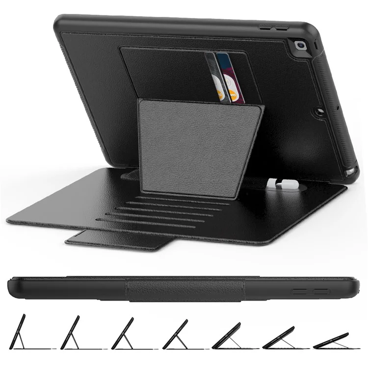 Para iPad 10.2 (2020)/(2019) Suporte Multiângulo Porta-cartão de Couro Capa de Tablet com Fecho Magnético e Slot para Stylus - Preto