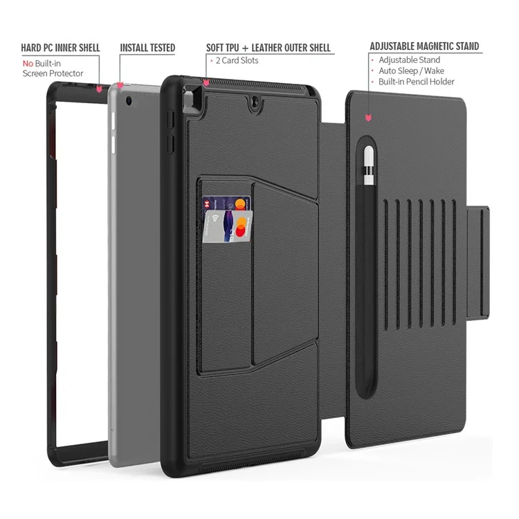 Para iPad 10.2 (2020)/(2019) Suporte Multiângulo Porta-cartão de Couro Capa de Tablet com Fecho Magnético e Slot para Stylus - Preto