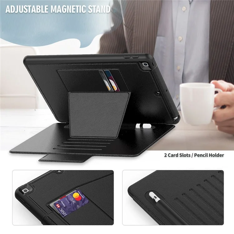 Para iPad 10.2 (2020)/(2019) Suporte Multiângulo Porta-cartão de Couro Capa de Tablet com Fecho Magnético e Slot para Stylus - Preto