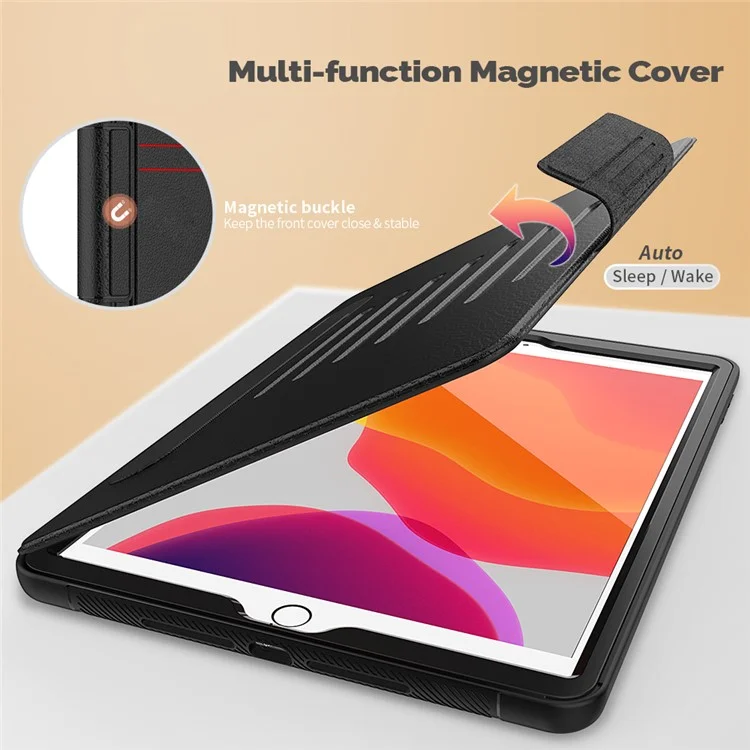 Para iPad 10.2 (2020)/(2019) Suporte Multiângulo Porta-cartão de Couro Capa de Tablet com Fecho Magnético e Slot para Stylus - Preto