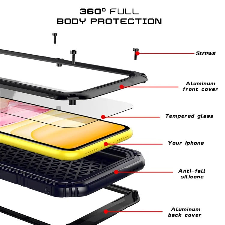 PC Impermeabile + Metallo + Guscio In Vetro Temperato Per IPhone 11 6.1 Pollici - Nero