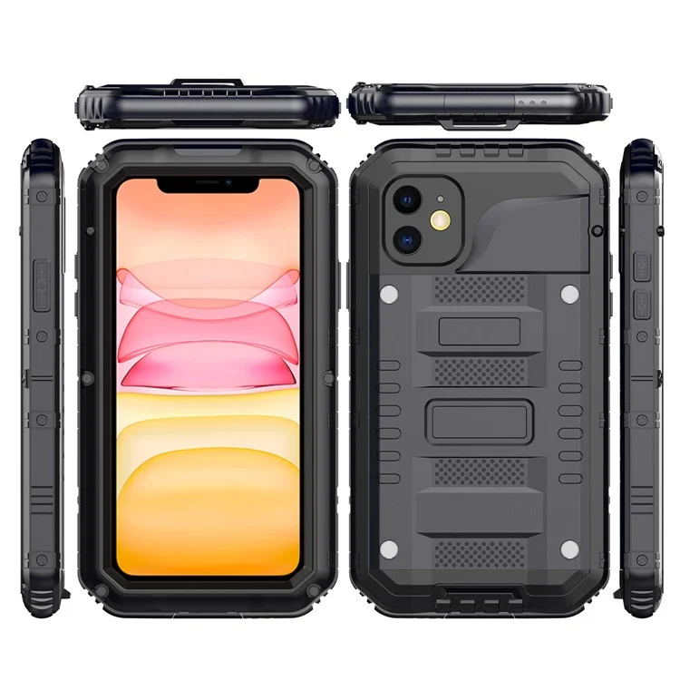 PC Impermeável + Metal + Shell De Vidro Temperado Para Iphone 11 6.1 Polegadas - Preto