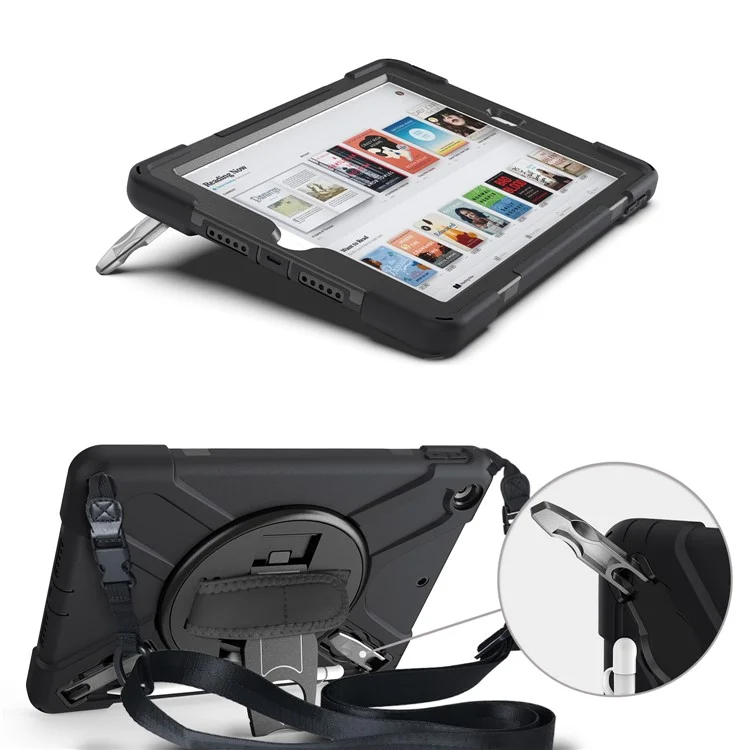 X-Shape PC + TPU Hybrid Case / Two Types Kickstand / Hand Strap and Shoulder Strap / Pen Slot for iPad 10.2 (2021)/(2020)/(2019) - Black