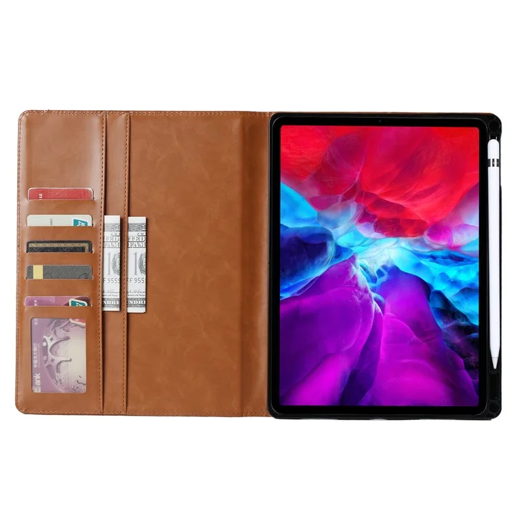 Auto-absorbed PU Leather Wallet Stand Tablet Case with Pen Slot for iPad Pro 11-inch (2022) / (2021) / (2020) - Light Brown