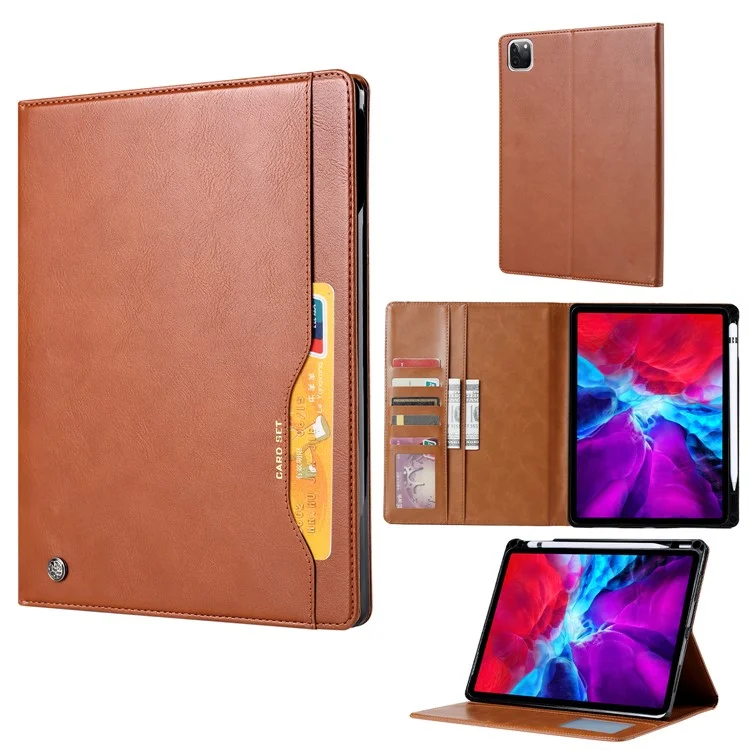 Cascado de Tablet de Couro de Couro PU Absorvido Automaticamente Com Caça-níqueis Para Ipad Pro 12,9 Polegadas (2020)/(2018) - Marrom Claro