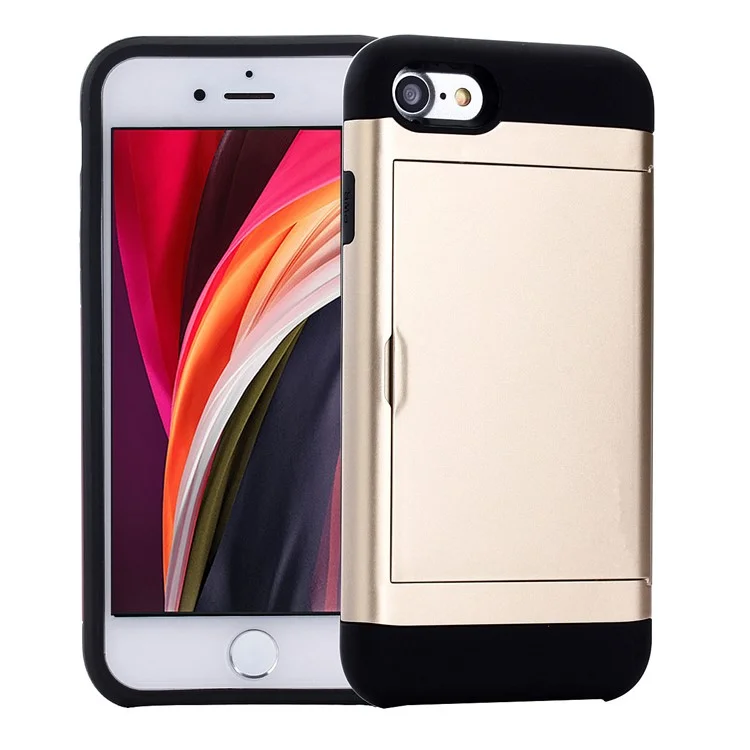 Tarjeta de Portaobjetos Slot Plastic + TPU Hybrid Cover Para Iphone SE (2020)/SE (2022)/7/8 4.7 Pulgadas - Oro