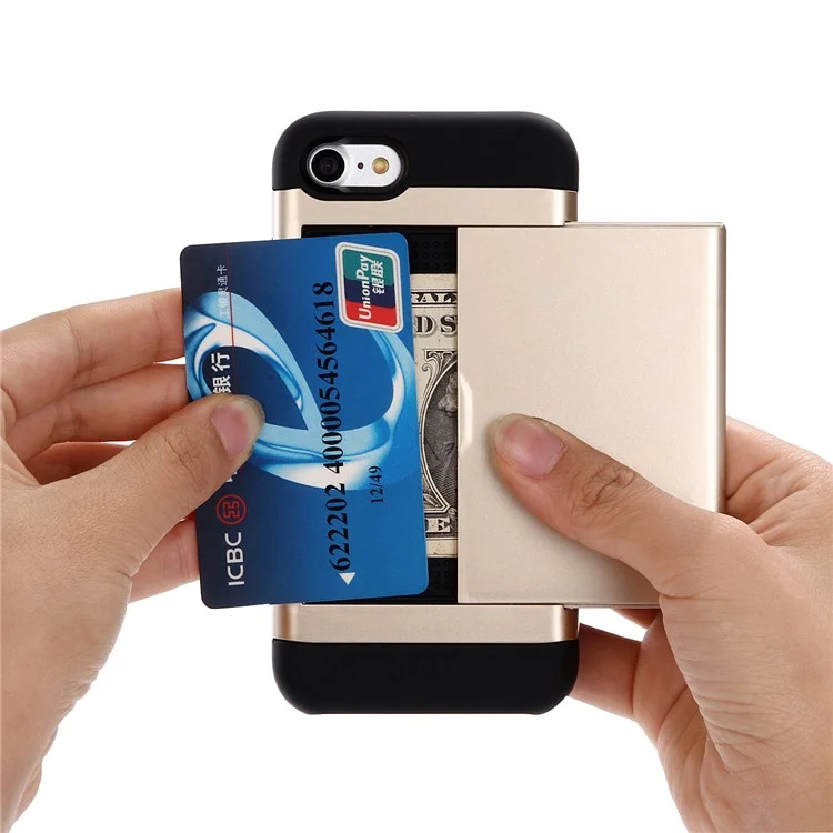 Slide Card Slot Plastic + TPU Hybrid Cover para iPhone SE (2020)/SE (2022)/7/8 4.7 polegadas - Dourado