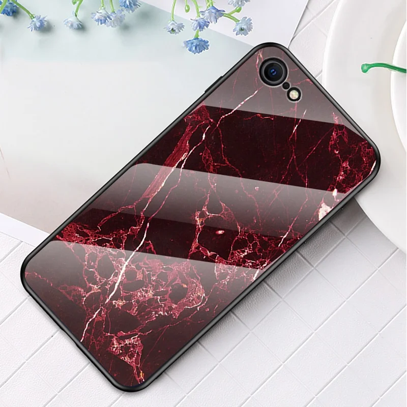 Marble Grain Pattern Tempered Glass PC + TPU Combo Case for iPhone SE (2nd Generation) - Red