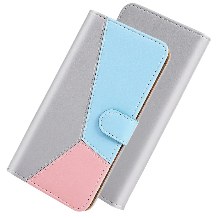 Tri-color PU Leather Case Wallet Phone Stand Cover for Apple iPhone SE (2022)/SE (2020)/8/7 4.7 inch - Grey/Blue/Pink