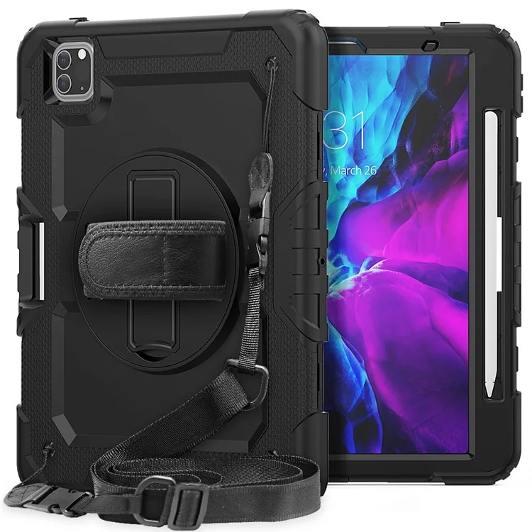 For iPad Pro 11-inch (2022) / (2021) / (2020) / (2020) / (2018) 360-degree Swivel Kickstand Tablet Case Hand Strap PC + Silicone Shell with Shoulder Strap - All Black