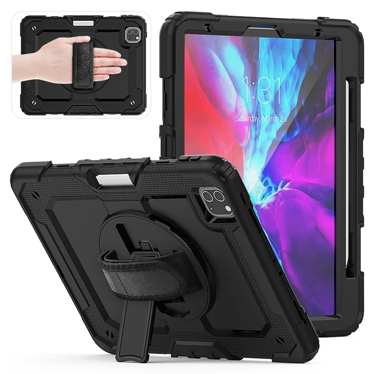 360 ° Swivel Kickgstry Phange Case Для IPad Pro 11-дюймовый (2021) / (2020) / (2018), Ручной Ремень ПК + Силиконовая Оболочка С Плечевым Ремнем - Все Черное