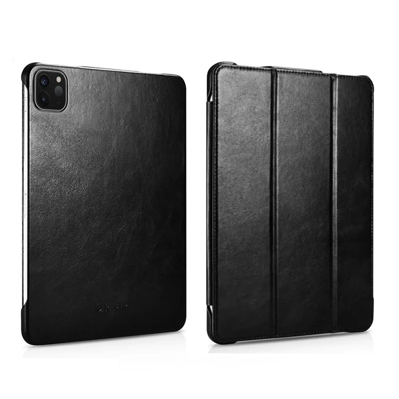 ICARER for iPad Air 11 (2026) / (2025) / (2024) / Pro 11-inch (2022) / (2021) / (2020) / (2018) Retro Tri-Fold Genuine Leather Smart Case Cover - Black