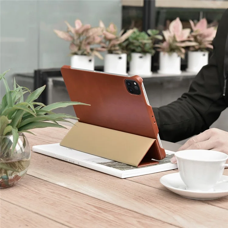 ICARER for iPad Air 11 (2025) / (2024) / Pro 11-inch (2022) / (2021) / (2020) / (2018) Retro Tri-Fold Genuine Leather Smart Case Cover - Brown