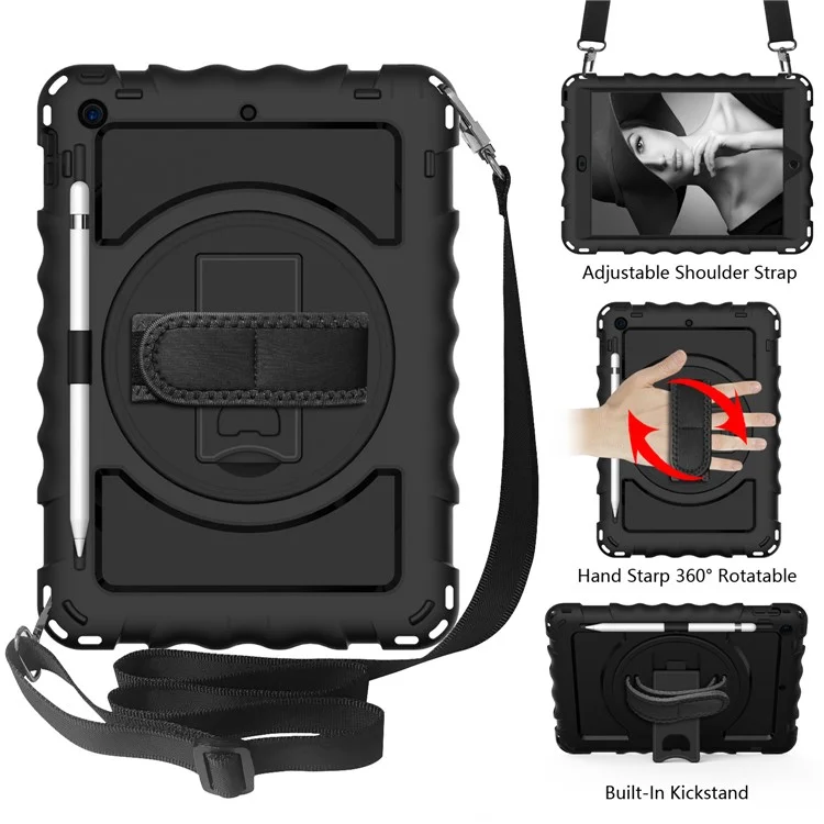 PC + TPU Hybrid Case with 360 Degree Swivel Kickstand Hand Strap and Shoulder Strap for iPad 10.2 (2021)/(2020)/(2019) - Black