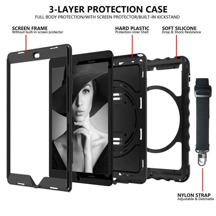 PC + TPU Hybrid Case with 360 Degree Swivel Kickstand Hand Strap and Shoulder Strap for iPad 10.2 (2021)/(2020)/(2019) - Black