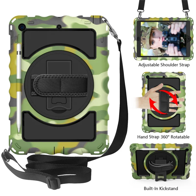 PC + TPU Hybrid Case with 360 Degree Swivel Kickstand Hand Strap and Shoulder Strap for iPad 10.2 (2021)/(2020)/(2019) - Camouflage