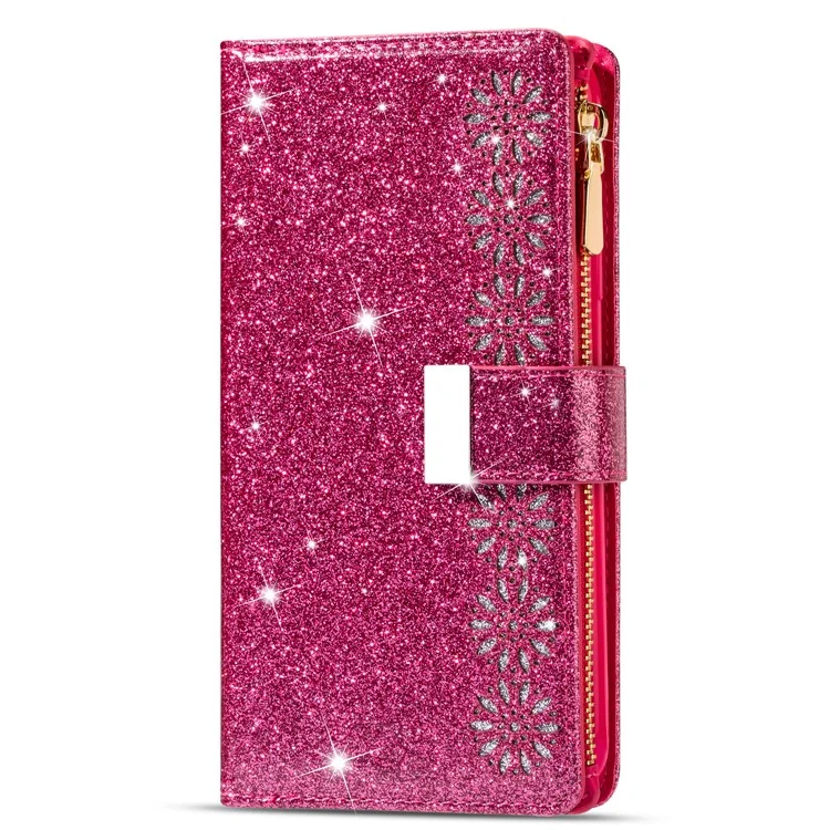 Glittery Starry Style Laser Carving Zipper Wallet Stand Leather Phone Shell for iPhone SE (2020)/SE (2022)/8/7 - Rose