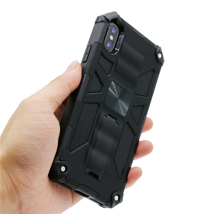 Case Híbrida de TPU de PC de Armadura de Kickstand Con Lámina de Metal Magnético Para Iphone XS Max 6.5 Pulgadas - Negro