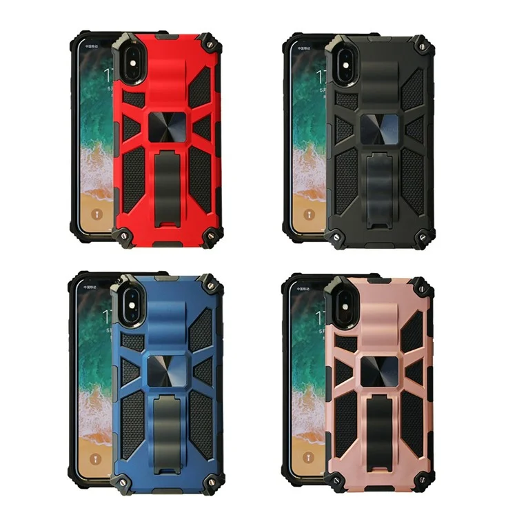 Case Híbrida de TPU de PC de Armadura de Kickstand Con Lámina de Metal Magnético Para Iphone XS Max 6.5 Pulgadas - Negro