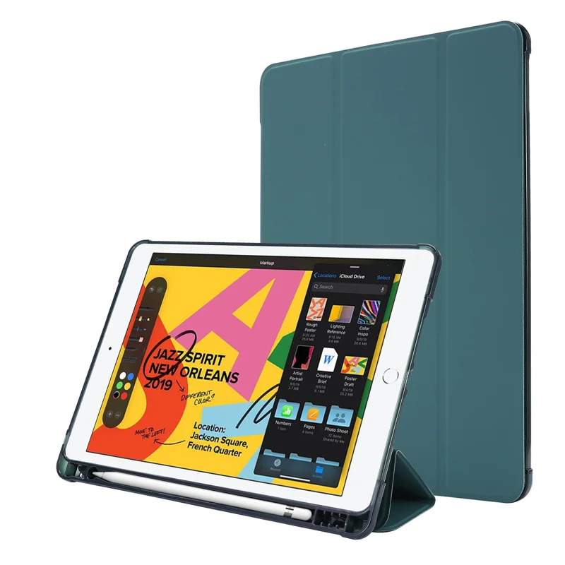 Shelt de Tablette en Cuir à Trois Pliés Avec Fente de Stylo Pour Ipad 10.2 (2021) / (2020) / (2019) - Vert Foncé