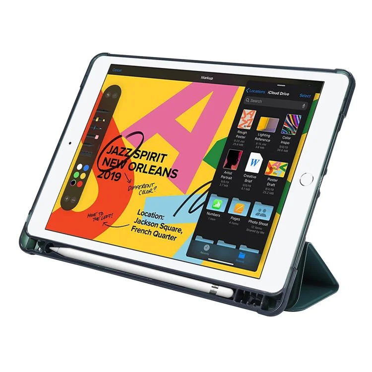 Tri-fold Stand Leather Tablet Shell with Pen Slot for iPad 10.2 (2021)/(2020)/(2019) - Dark Green