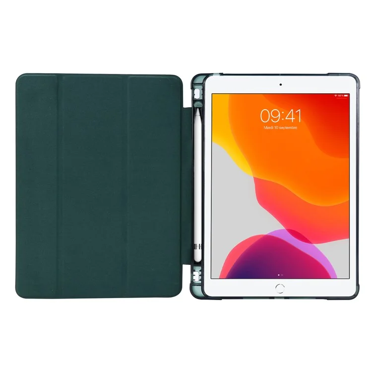 Tri-fold Stand Leather Tablet Shell with Pen Slot for iPad 10.2 (2021)/(2020)/(2019) - Dark Green