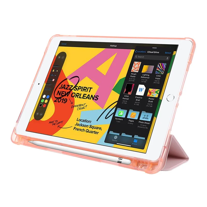 Tri-fold Stand Leather Tablet Shell with Pen Slot for iPad 10.2 (2021)/(2020)/(2019) - Pink