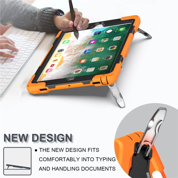 360° Swivel Kickstand PC + Silicone Combo Tablet Case with Handy Strap for iPad 9.7-inch (2018) - Orange