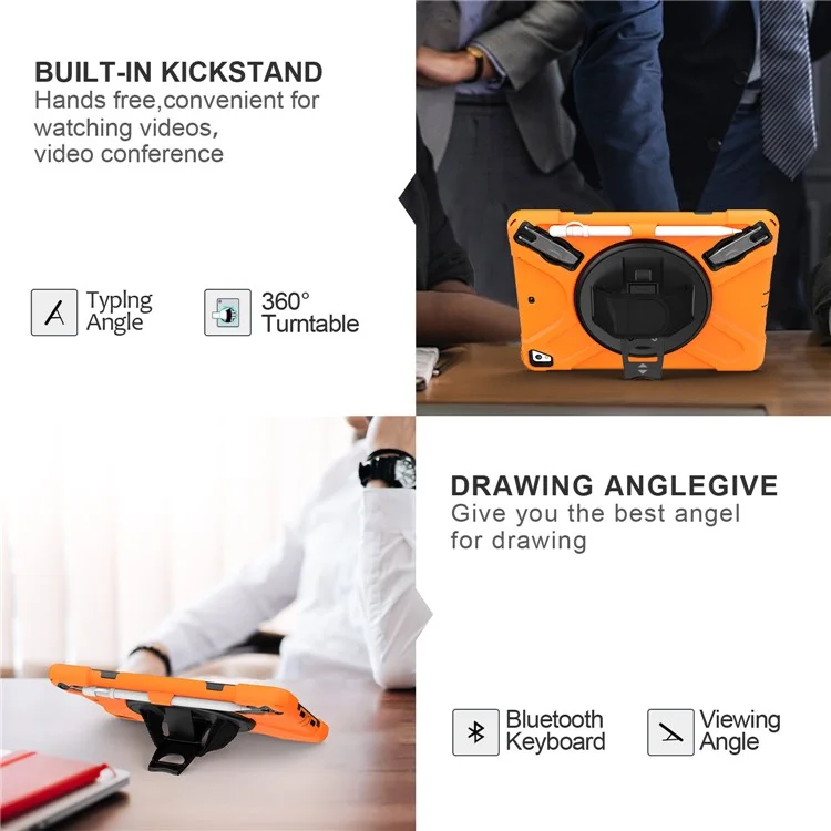 360° Swivel Kickstand PC + Silicone Combo Tablet Case with Handy Strap for iPad 9.7-inch (2018) - Orange