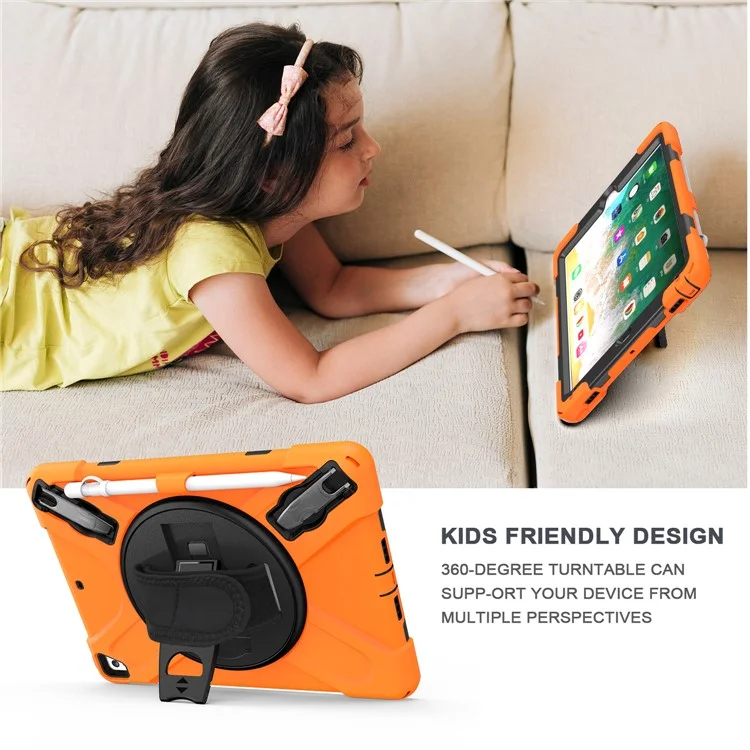 360° Swivel Kickstand PC + Silicone Combo Tablet Case with Handy Strap for iPad 9.7-inch (2018) - Orange