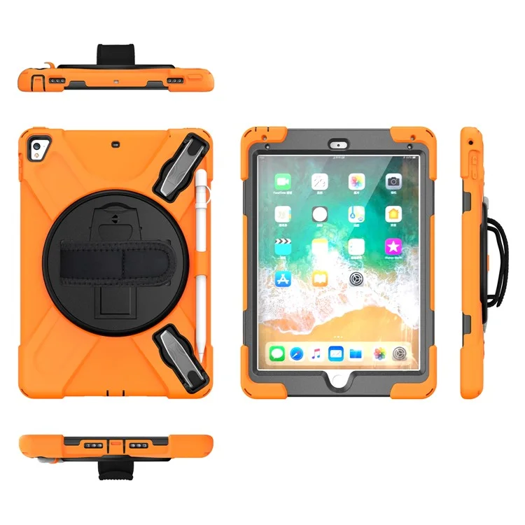 360° Swivel Kickstand PC + Silicone Combo Tablet Case with Handy Strap for iPad 9.7-inch (2018) - Orange