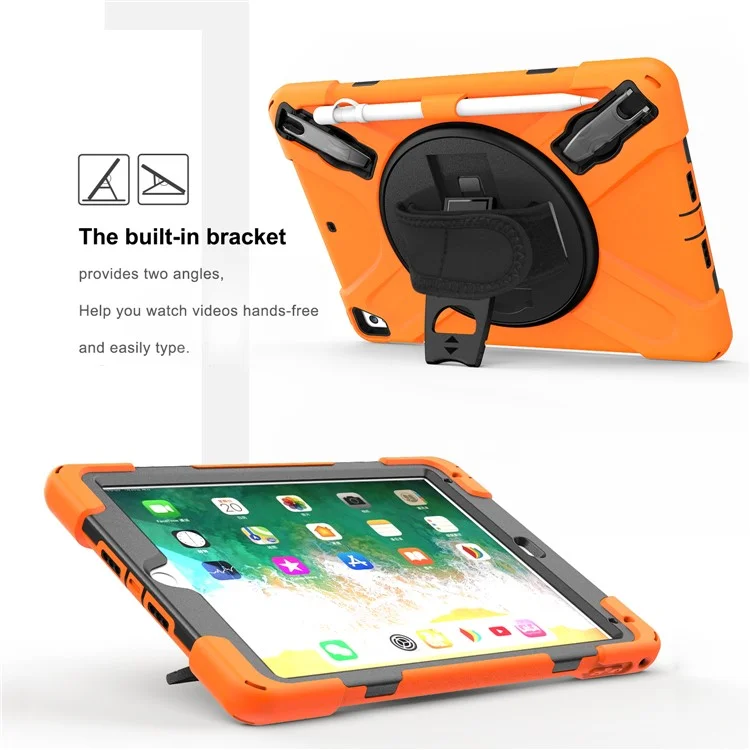 360° Swivel Kickstand PC + Silicone Combo Tablet Case with Handy Strap for iPad 9.7-inch (2018) - Orange