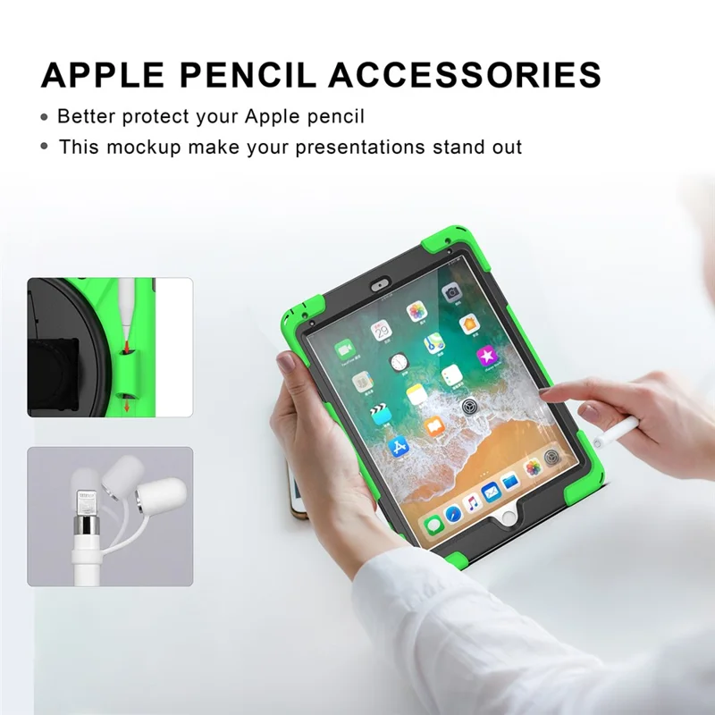 360° Swivel Kickstand PC + Silicone Combo Tablet Case with Handy Strap for iPad 9.7-inch (2018) - Green