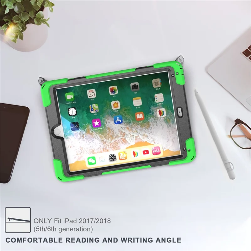 360° Swivel Kickstand PC + Silicone Combo Tablet Case with Handy Strap for iPad 9.7-inch (2018) - Green
