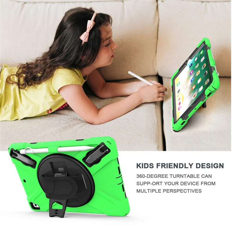 360° Swivel Kickstand PC + Silicone Combo Tablet Case with Handy Strap for iPad 9.7-inch (2018) - Green