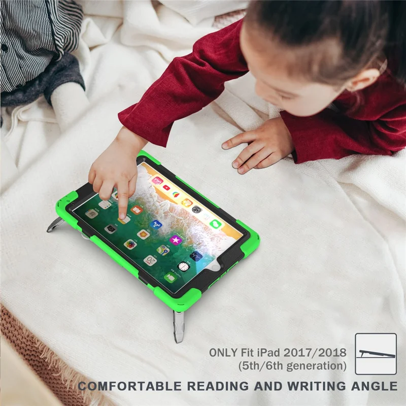 360° Swivel Kickstand PC + Silicone Combo Tablet Case with Handy Strap for iPad 9.7-inch (2018) - Green