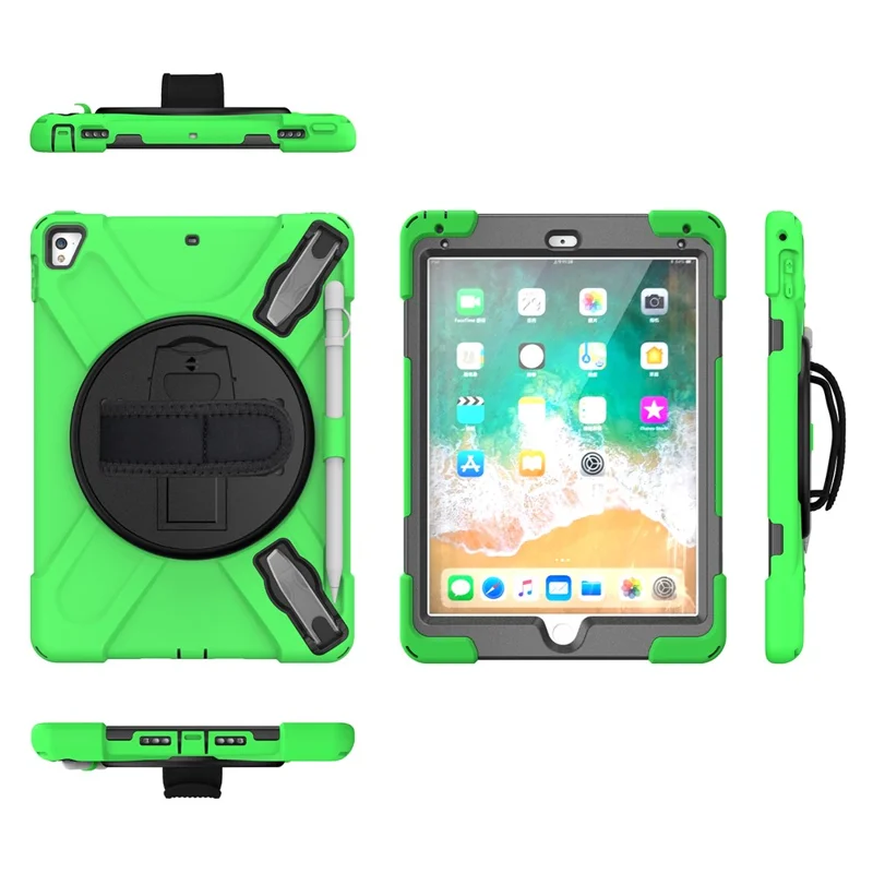 360° Swivel Kickstand PC + Silicone Combo Tablet Case with Handy Strap for iPad 9.7-inch (2018) - Green