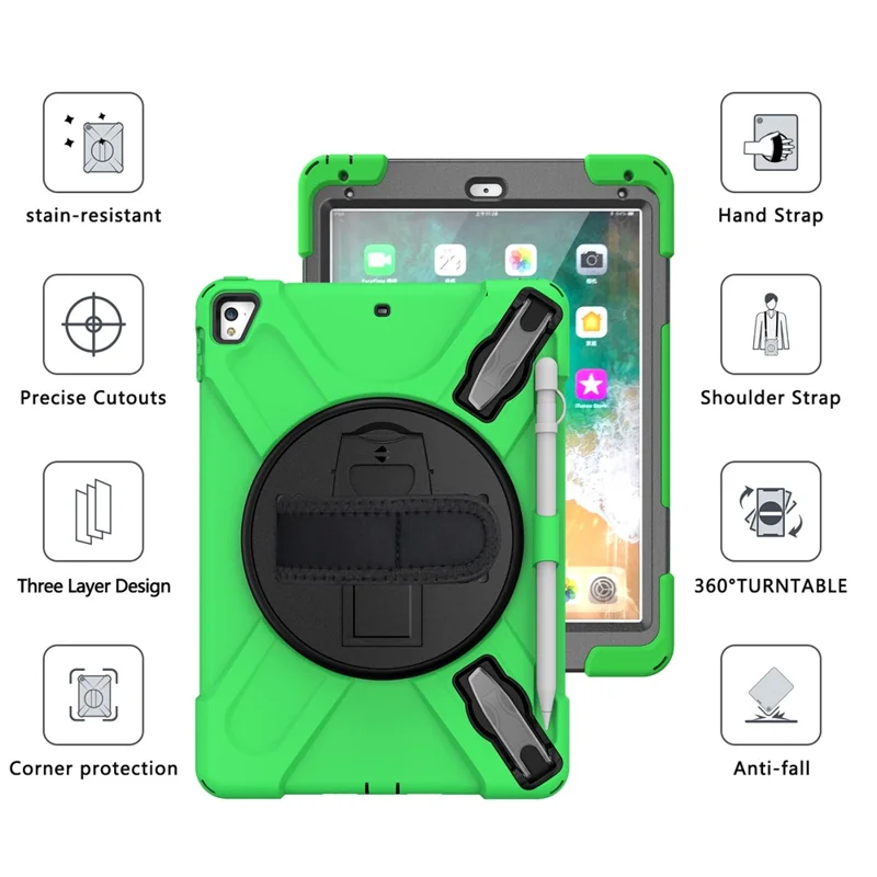 360° Swivel Kickstand PC + Silicone Combo Tablet Case with Handy Strap for iPad 9.7-inch (2018) - Green