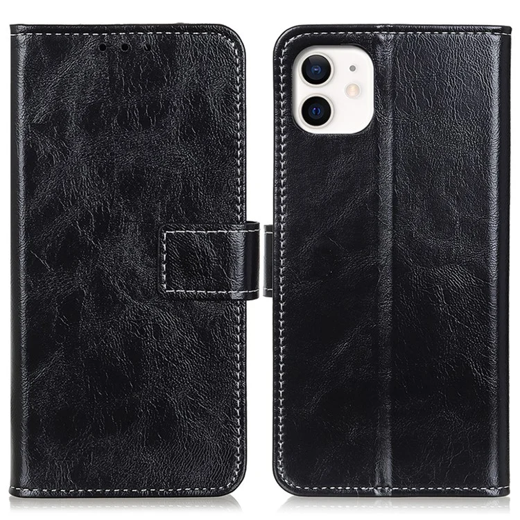 For iPhone 12 / 12 Pro 6.1 inch Crazy Horse Texture Vintage Leather Wallet Case Magnetic Shockproof Protective Cover with Stand Function - Black