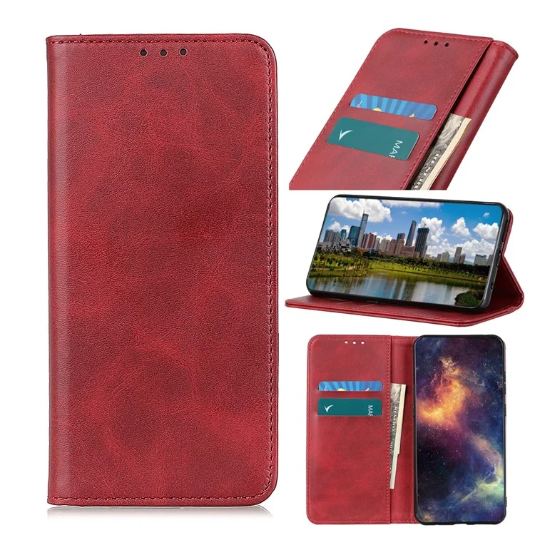 Auto-absorbed with Wallet Split Leather Stand Phone Case for iPhone 12 mini - Red