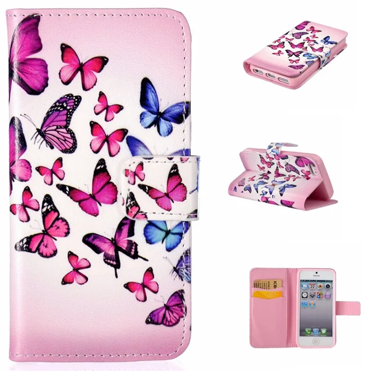 Embossment Wallet Leather Folio Case for iPhone SE/5s/5 - Colorful Butterflies