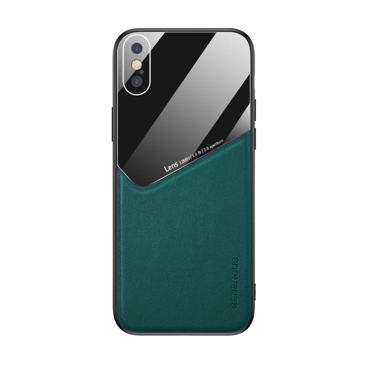 Built-in Magnetic Metal Sheet Leather Coated Glass PC TPU Hybrid Back Case for iPhone X/XS 5.8 inch - Green