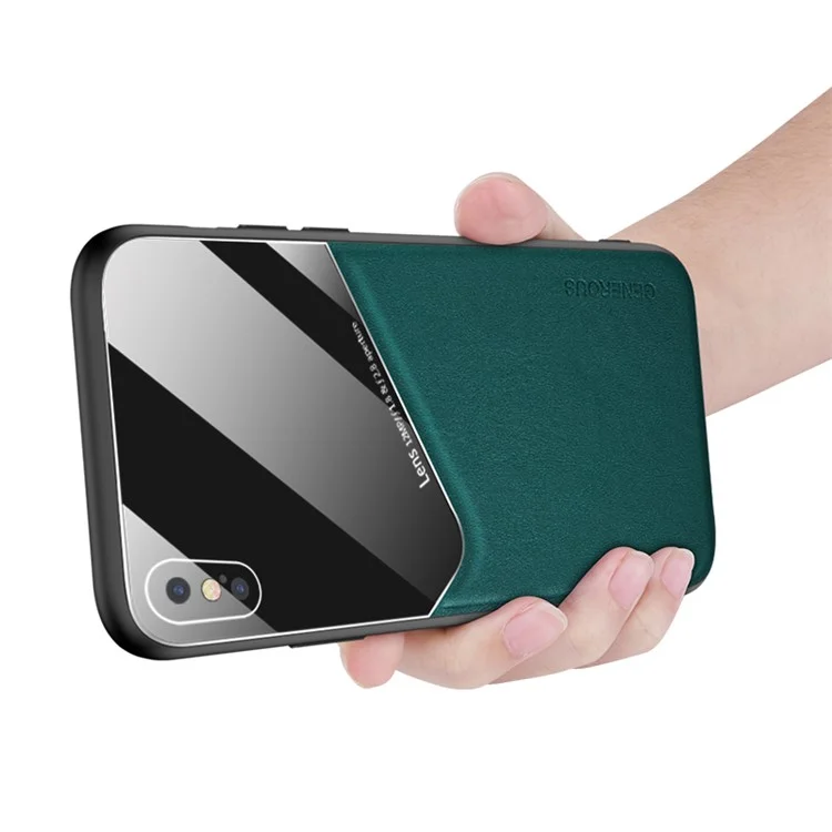 Built-in Magnetic Metal Sheet Leather Coated Glass PC TPU Hybrid Back Case for iPhone X/XS 5.8 inch - Green