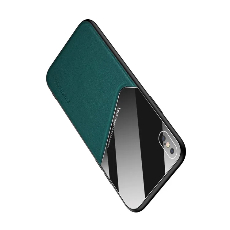 Built-in Magnetic Metal Sheet Leather Coated Glass PC TPU Hybrid Back Case for iPhone X/XS 5.8 inch - Green