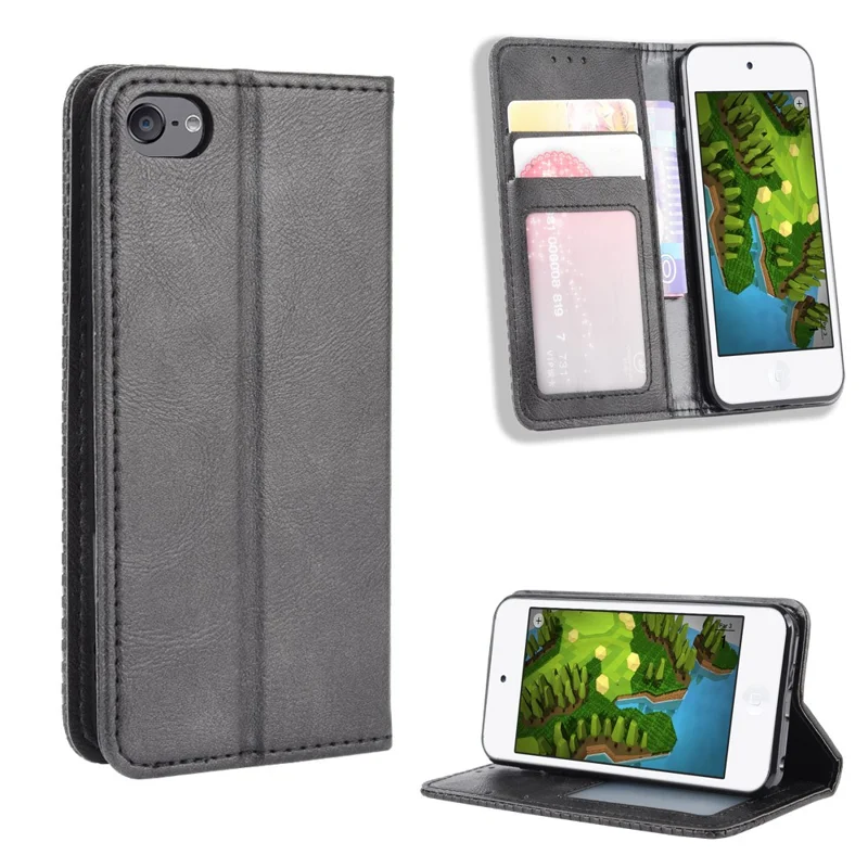 Auto-absorbed Retro PU Leather Wallet Phone Cover for iPod touch 5/touch 6/touch 7 - Black