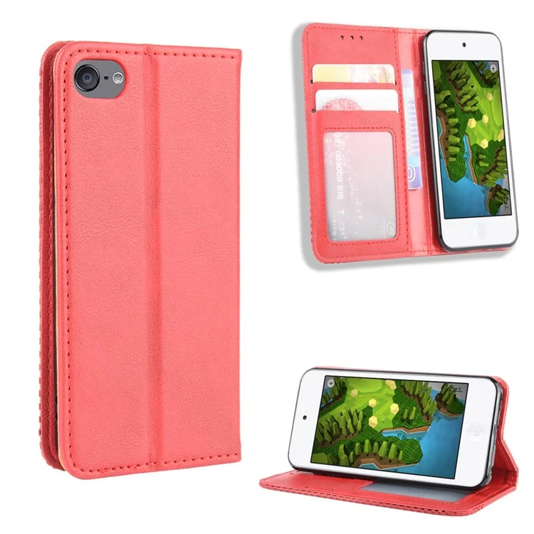 Auto-absorbed Retro PU Leather Wallet Phone Cover for iPod touch 5/touch 6/touch 7 - Red