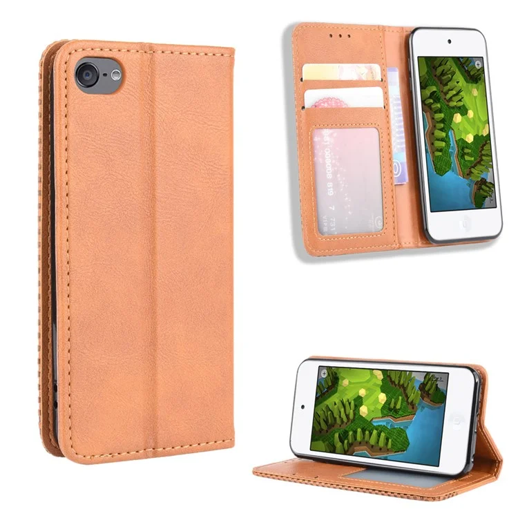 Auto-absorbed Retro PU Leather Wallet Phone Cover for iPod touch 5/touch 6/touch 7 - Brown