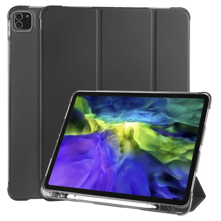 For iPad Pro 11-inch (2022) / (2021) / (2020) Tri-fold Stand Leather Smart Cover with Pen Slot - Black