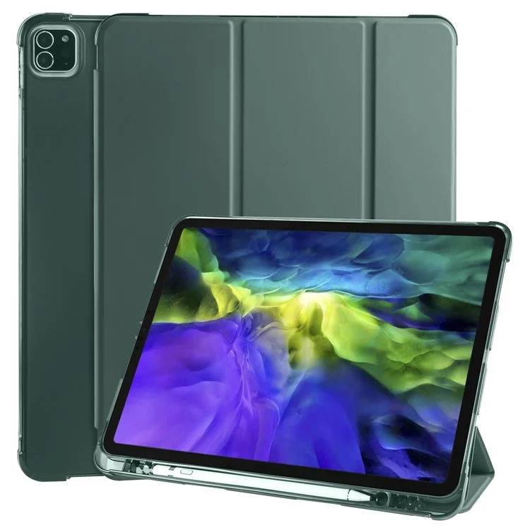 For iPad Pro 11-inch (2022) / (2021) / (2020) Tri-fold Stand Leather Smart Cover with Pen Slot - Dark Green