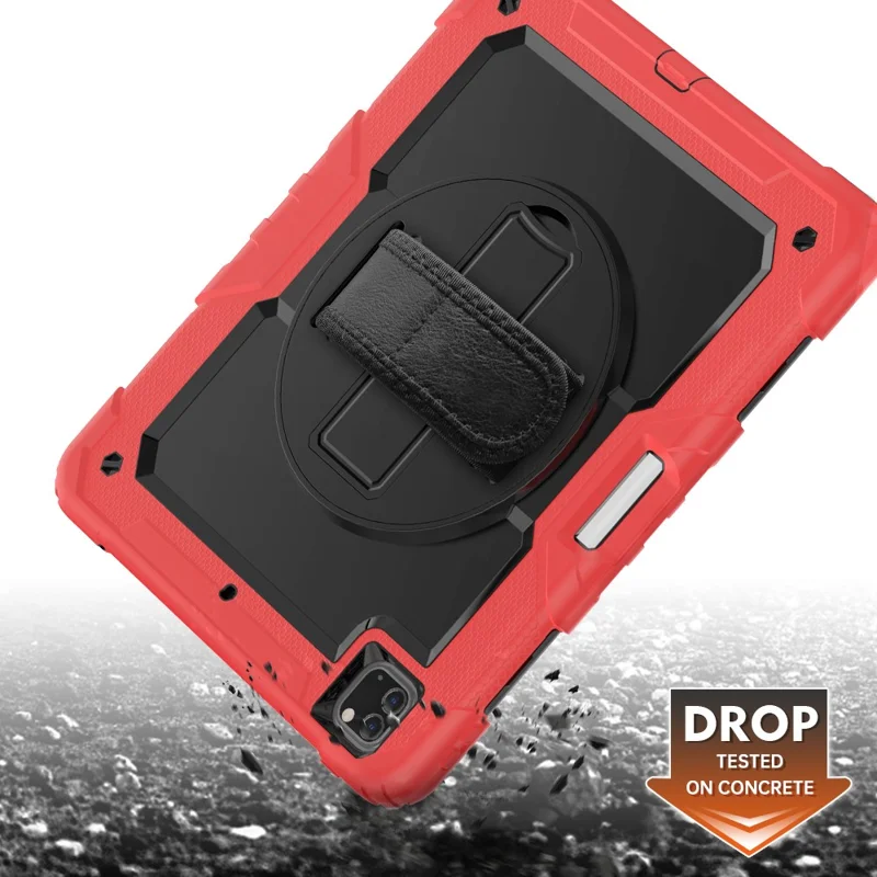 Tablet Case for iPad Pro 12.9 (2022)/(2021)/(2020)/(2018) Swivel Kickstand Hand Strap PC + Silicone Cover with Shoulder Strap - Red